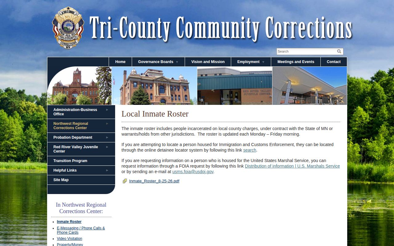 Northwest Regional Corrections Center Red Lake County current-custody roster landing page