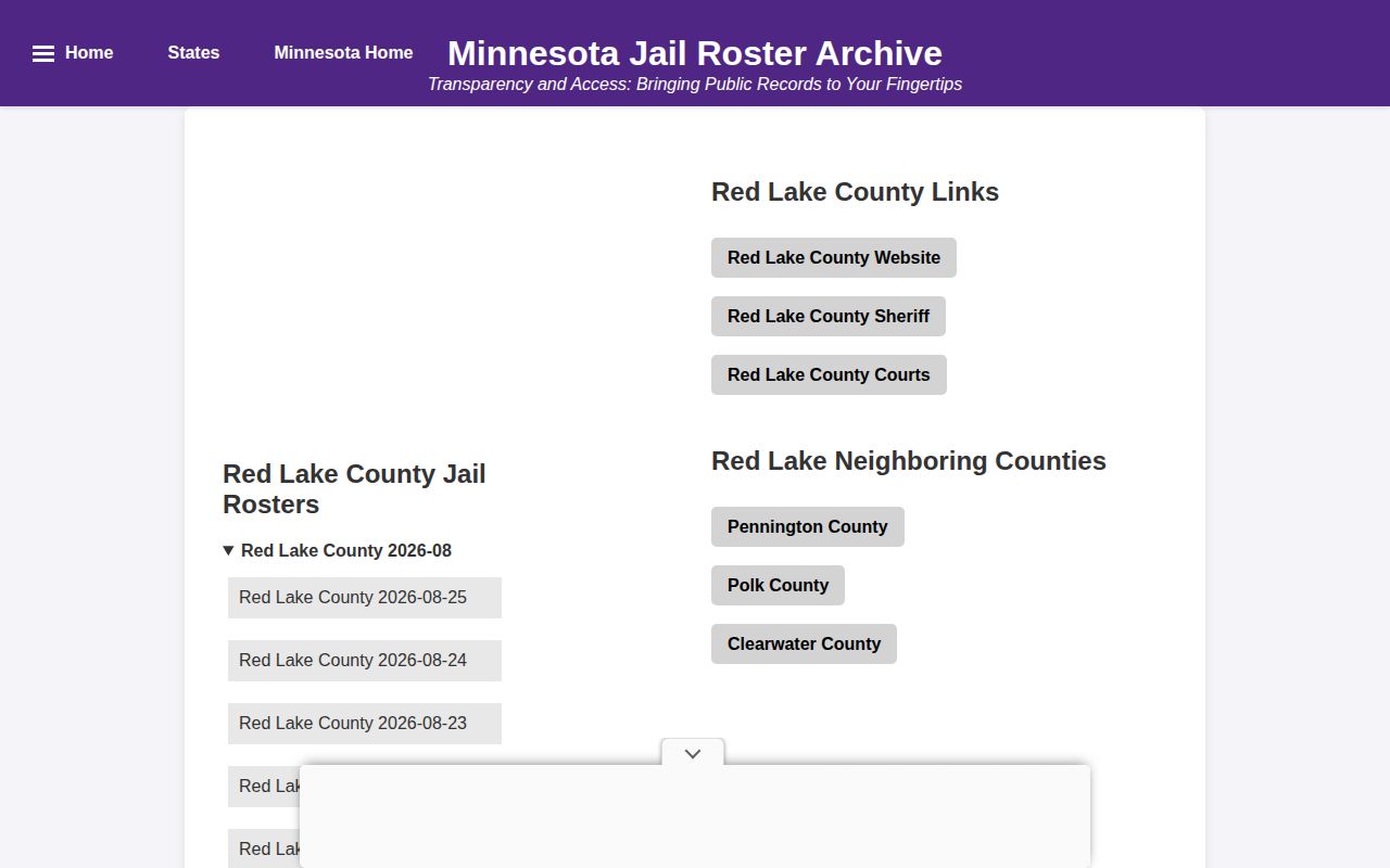 Red Lake County unofficial jail roster archive record listing